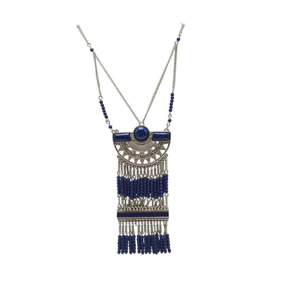 Boho Inspired Blue Beaded Silver Statement Necklace Layered Fringe Design